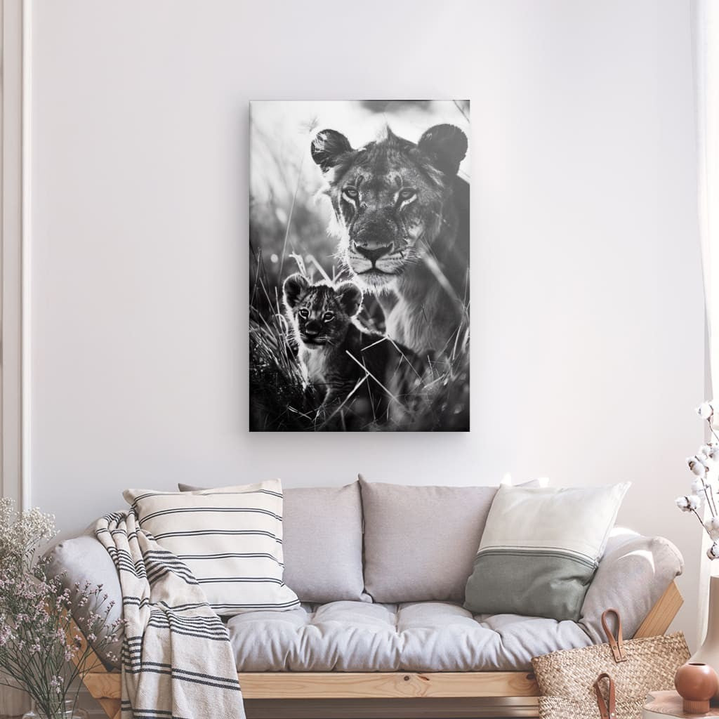 Tableau déco Lionne et Lionceau Noir et Blanc