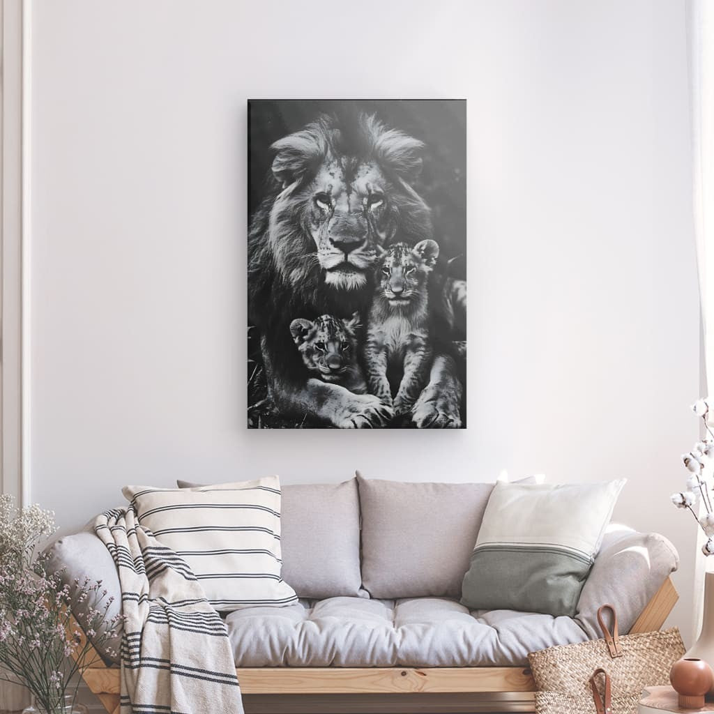 Tableau déco Lion et Lionceaux Noir et Blanc
