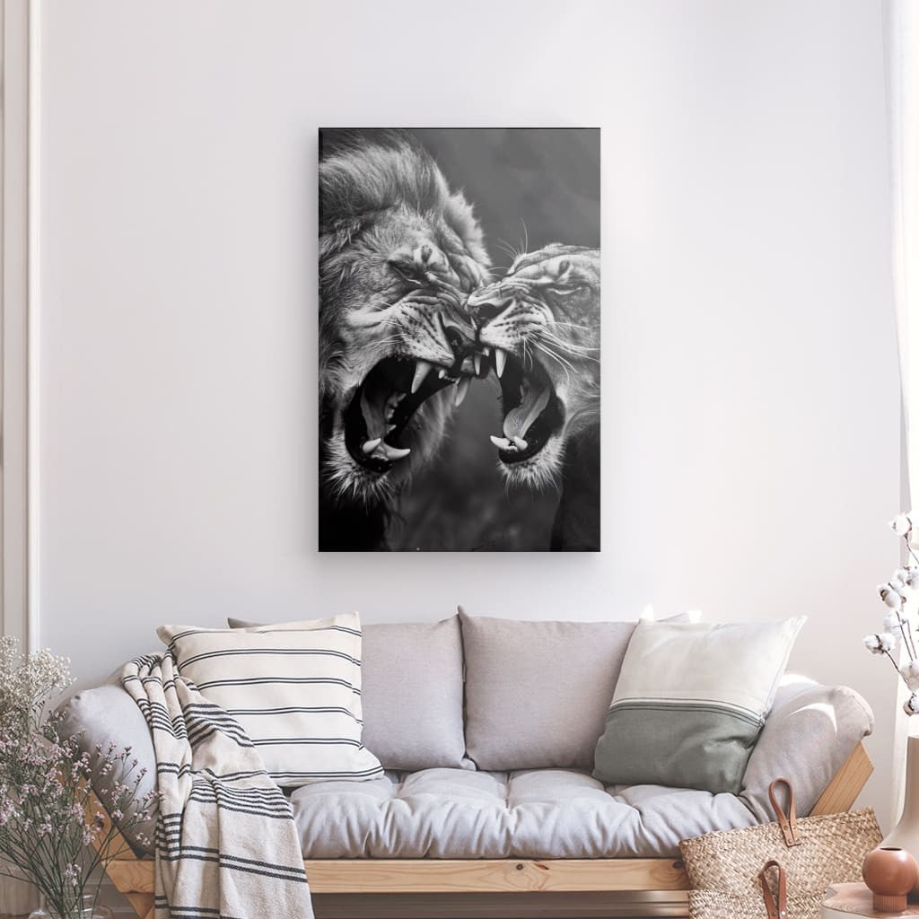 Toile Lion et Lionne Rugissant Noir et Blanc