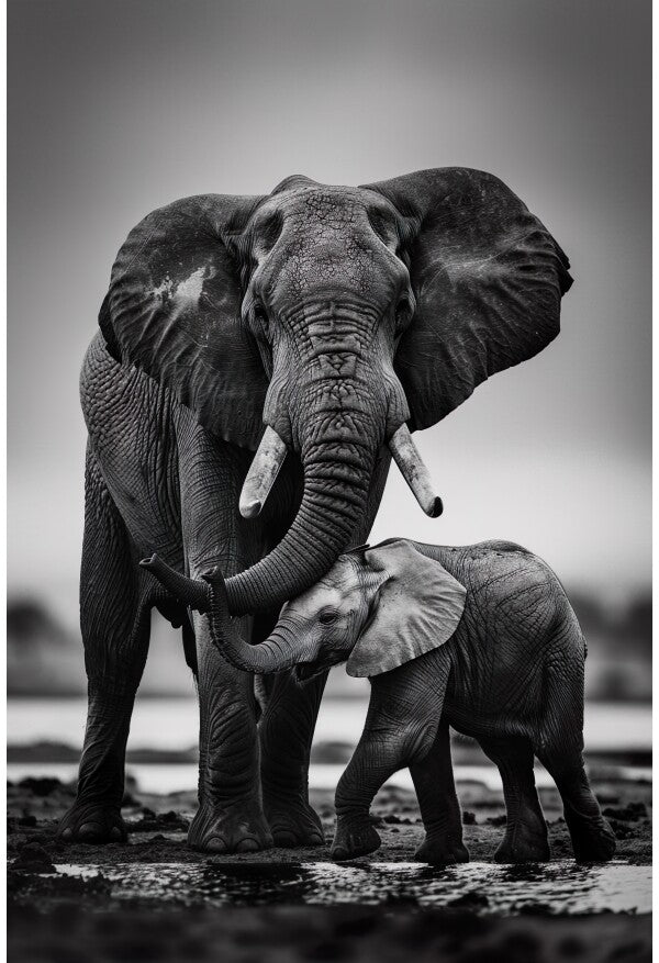 Tableau Éléphant Complicité Naturelle en Noir et Blanc