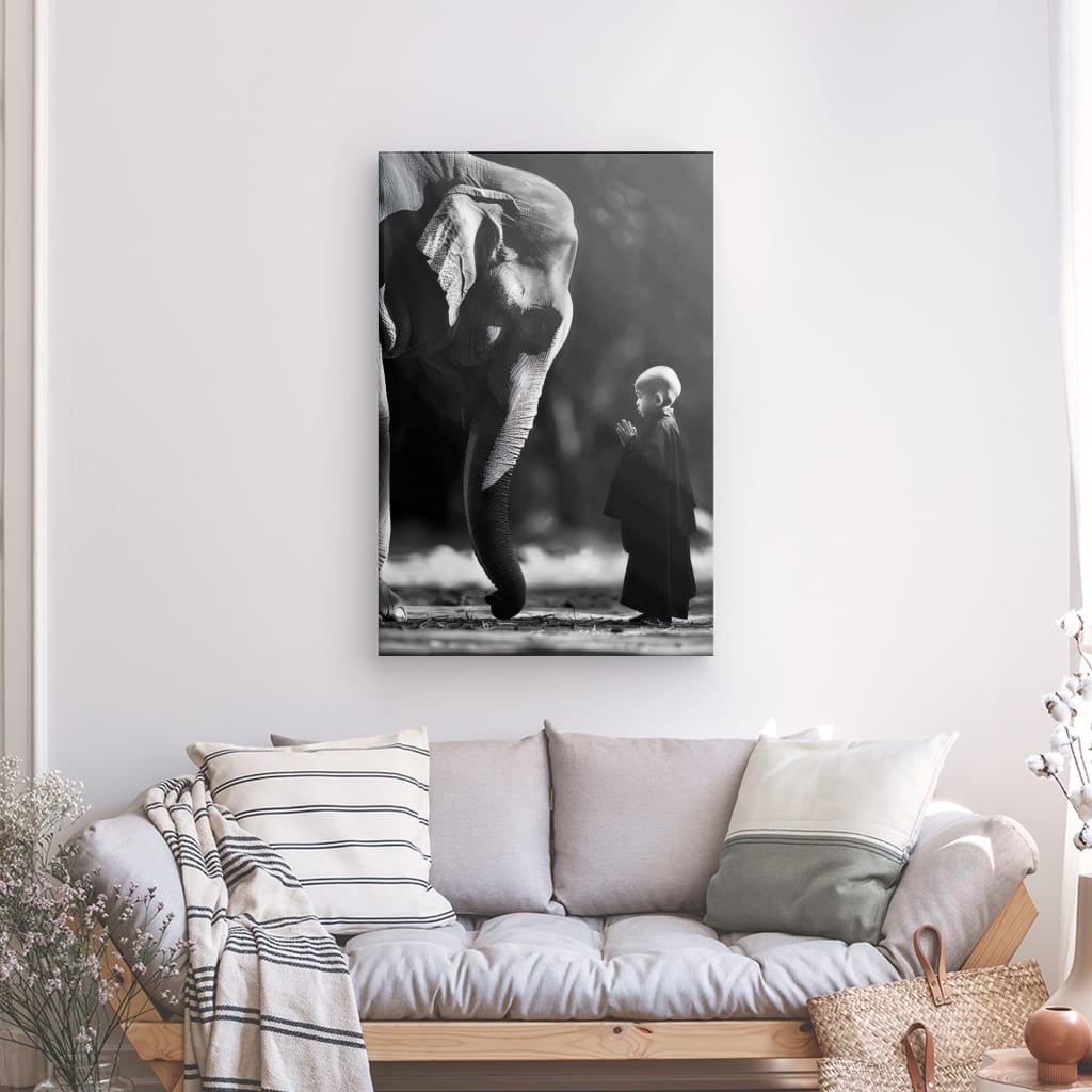 Toile Éléphant Rencontre Spirituelle Noir et Blanc