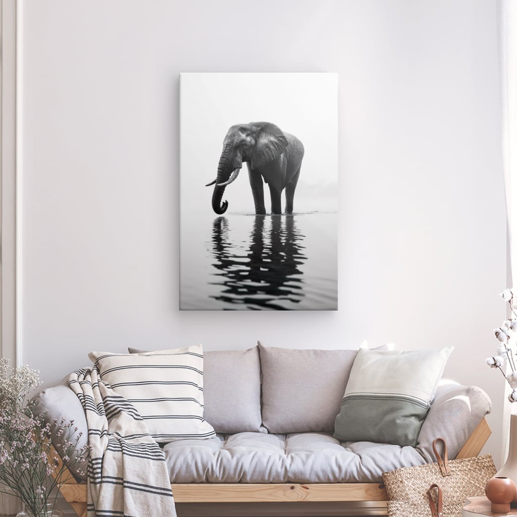 Toile Éléphant Calme Réfléchi Noir et Blanc