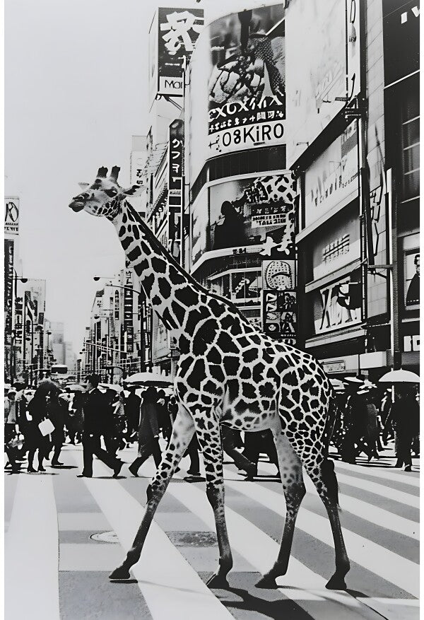 Tableau Girafe Promenade Citadine en Noir et Blanc