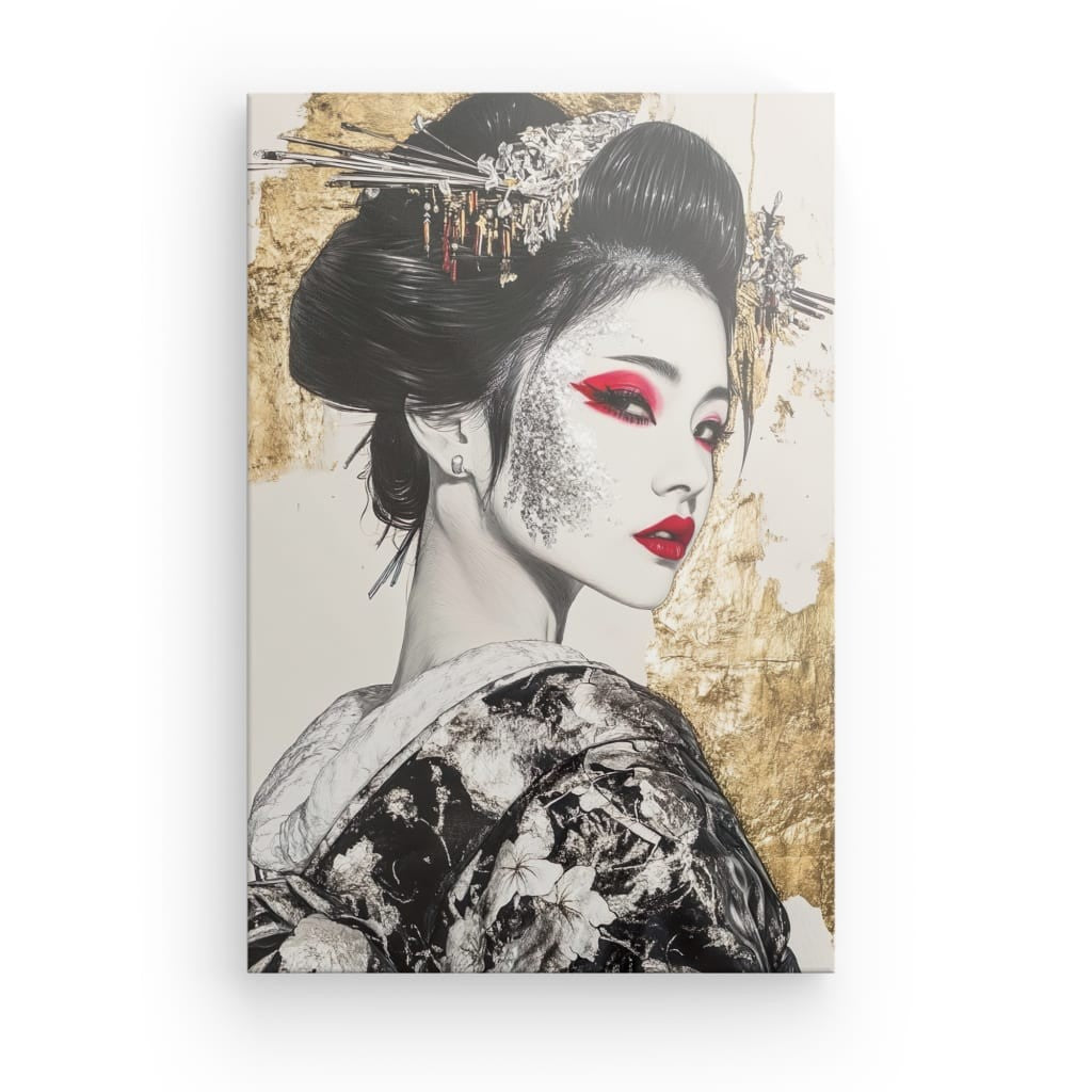 Tableau Geisha Rouge et Or Kimono Moderne