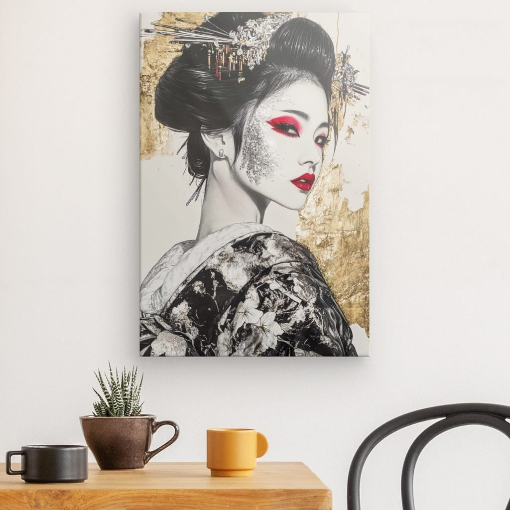 Tableau Geisha Rouge et Or Kimono Moderne