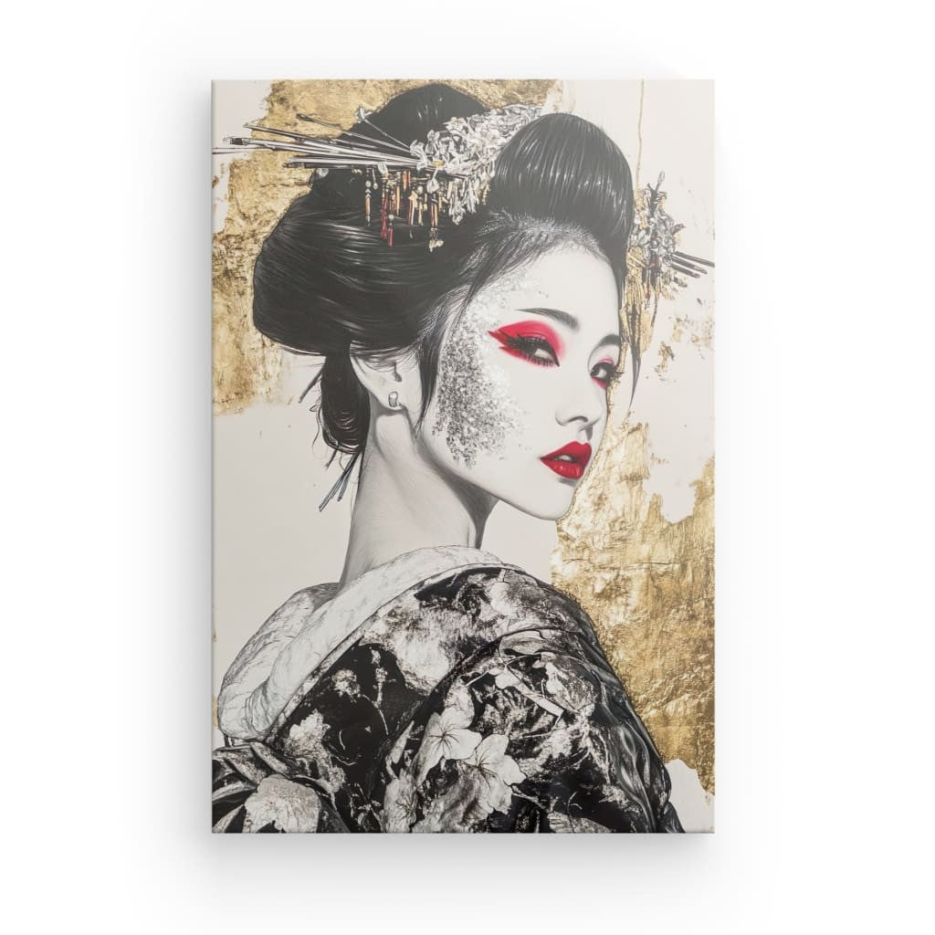 Tableau Geisha Rouge et Or Kimono Moderne