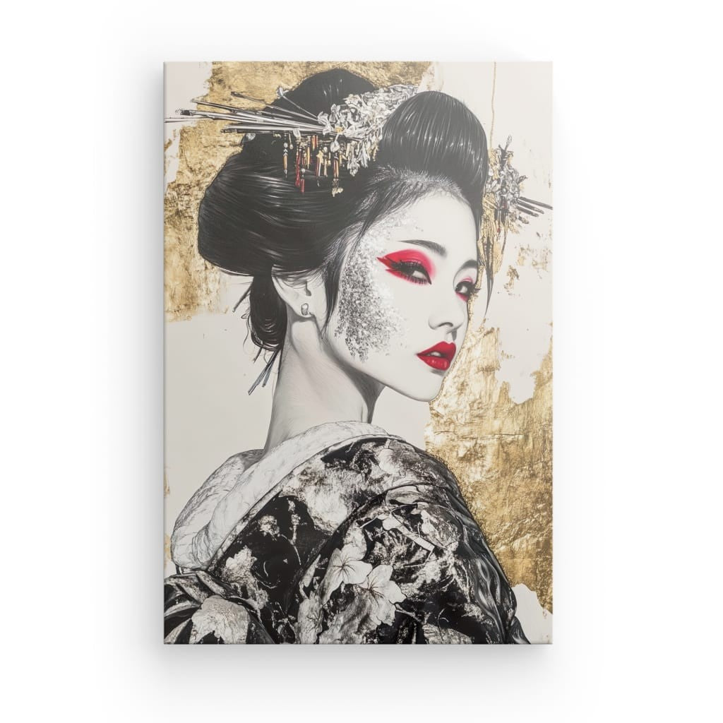 Tableau Geisha Rouge et Or Kimono Moderne