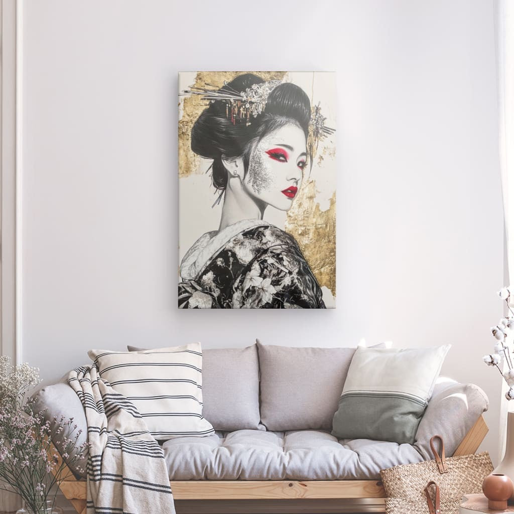 Tableau Geisha Rouge et Or Kimono Moderne
