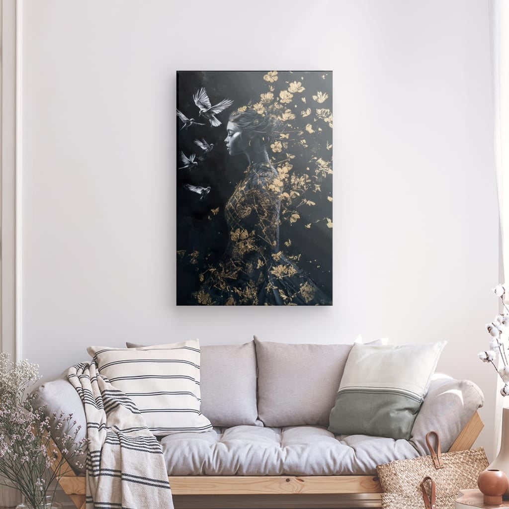 Tableau Envol Doré Oiseaux Blancs