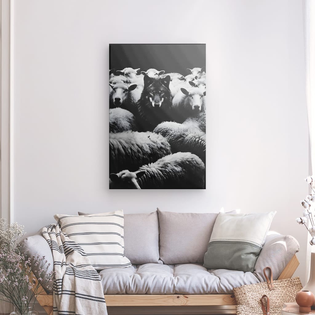 Toile Loup dans la Bergerie Noir et Blanc