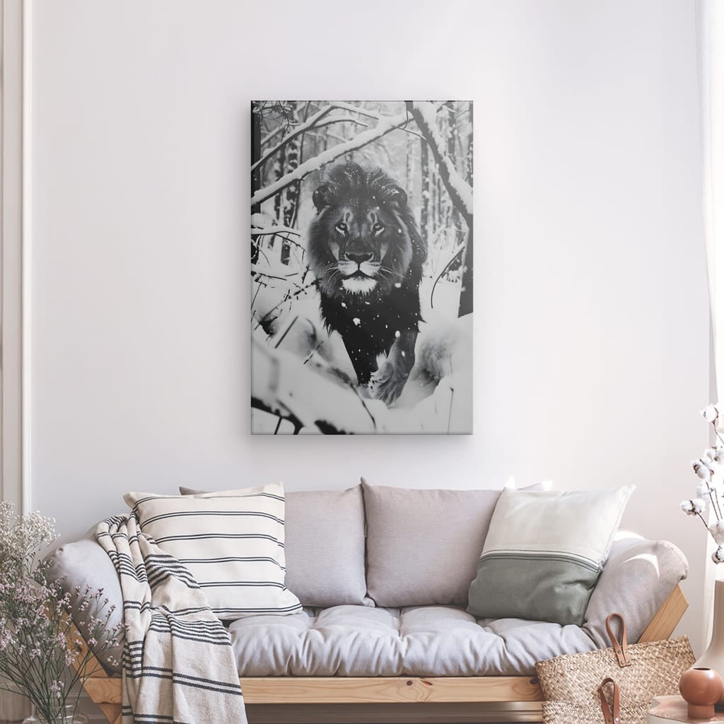 Toile Lion sous la Neige Noir et Blanc