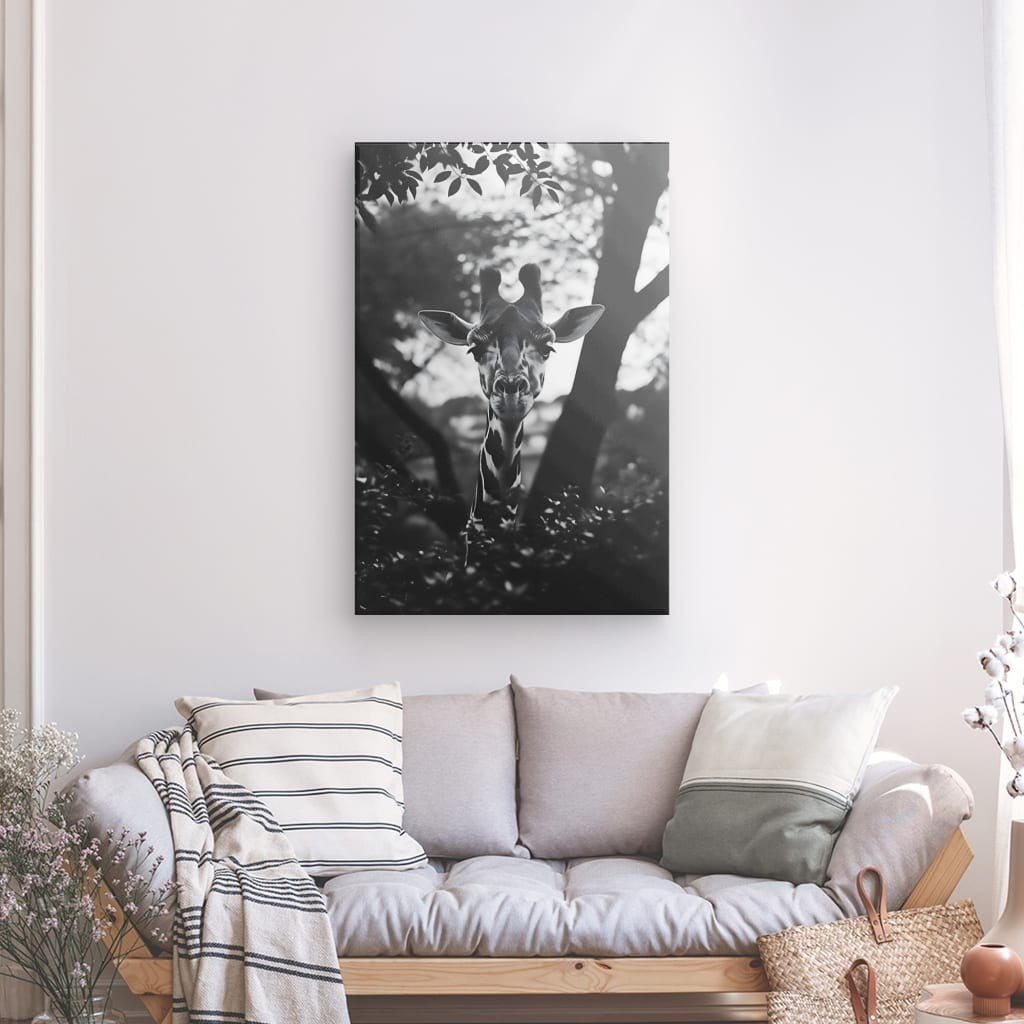 Toile Girafe Curieuse Noir et Blanc